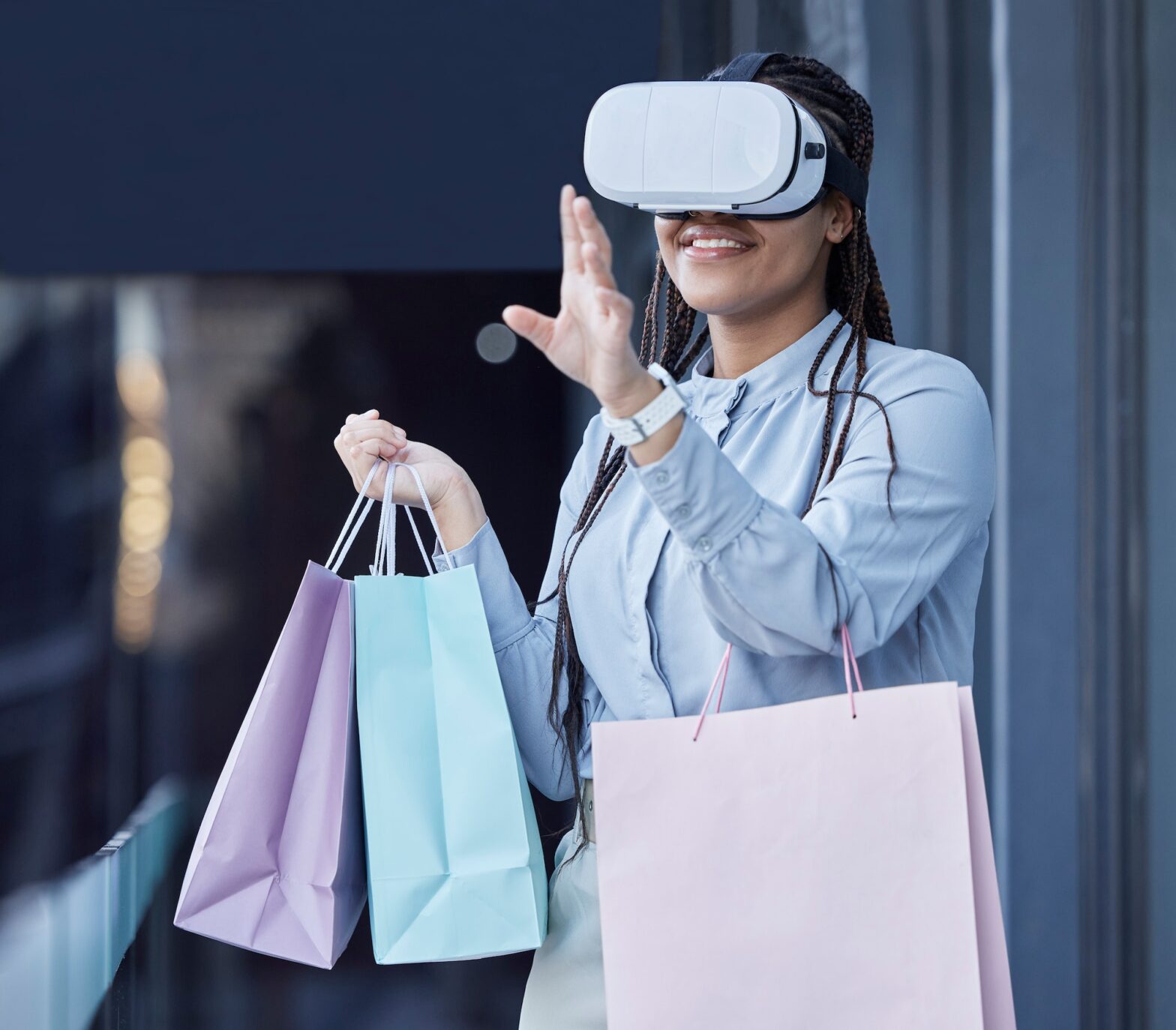 VR, glasses and woman in online shopping, e commerce and fintech on high tech, futuristic or metave